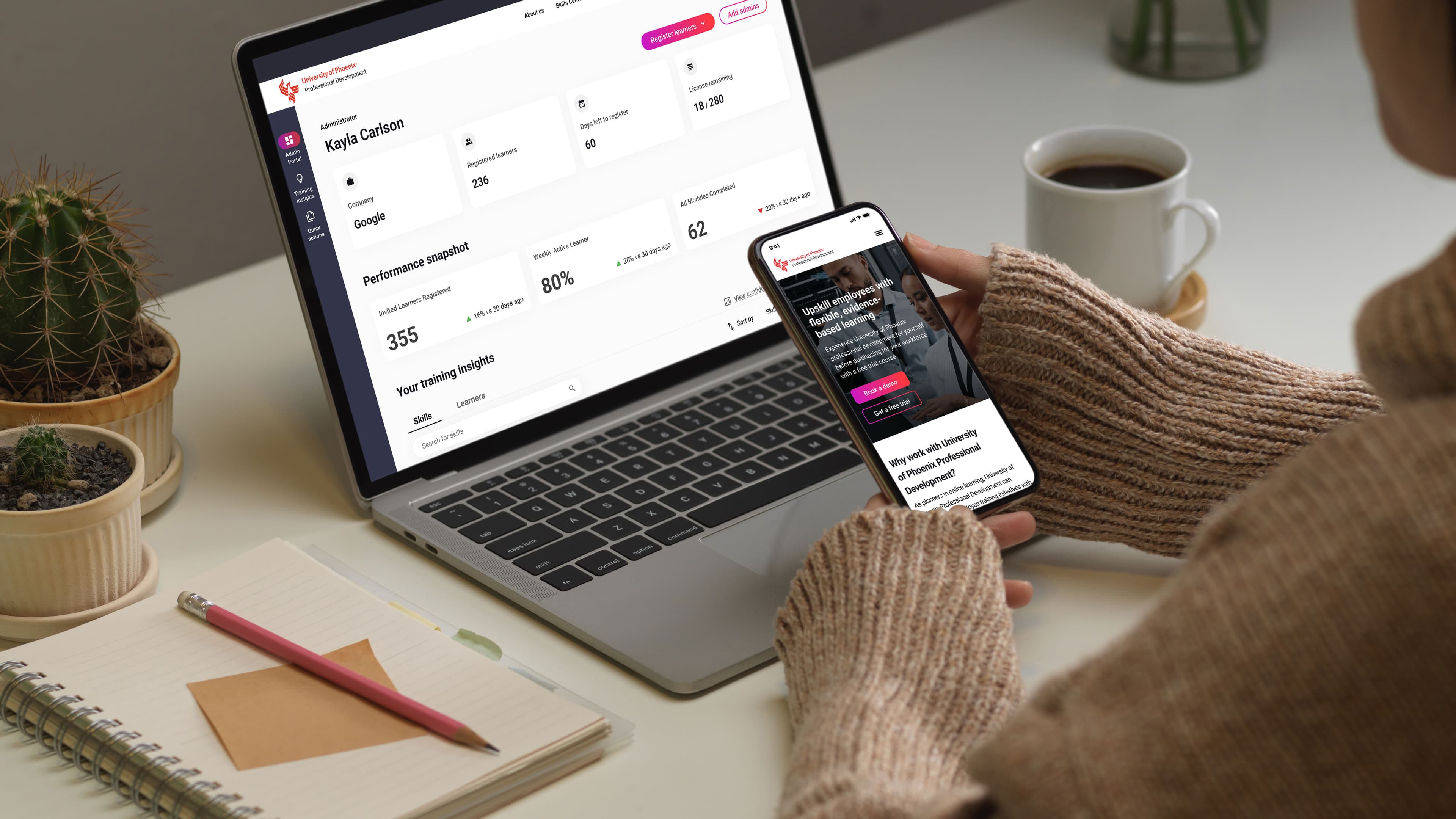 University of Phoenix Professional Development product shot — admin dashboard on laptop alongside the marketing landing page on mobile